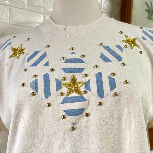 Vintage 1990s Nautical Striped + Stars Patchwork Studded Cropped T-Shirt - Picture 4 of 15